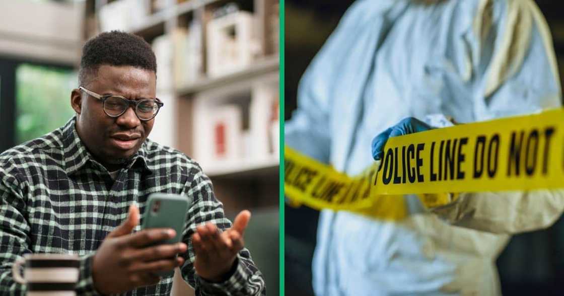 A man who is looking at his phone in puzzlement, and a crime scene with an attending forensic officer