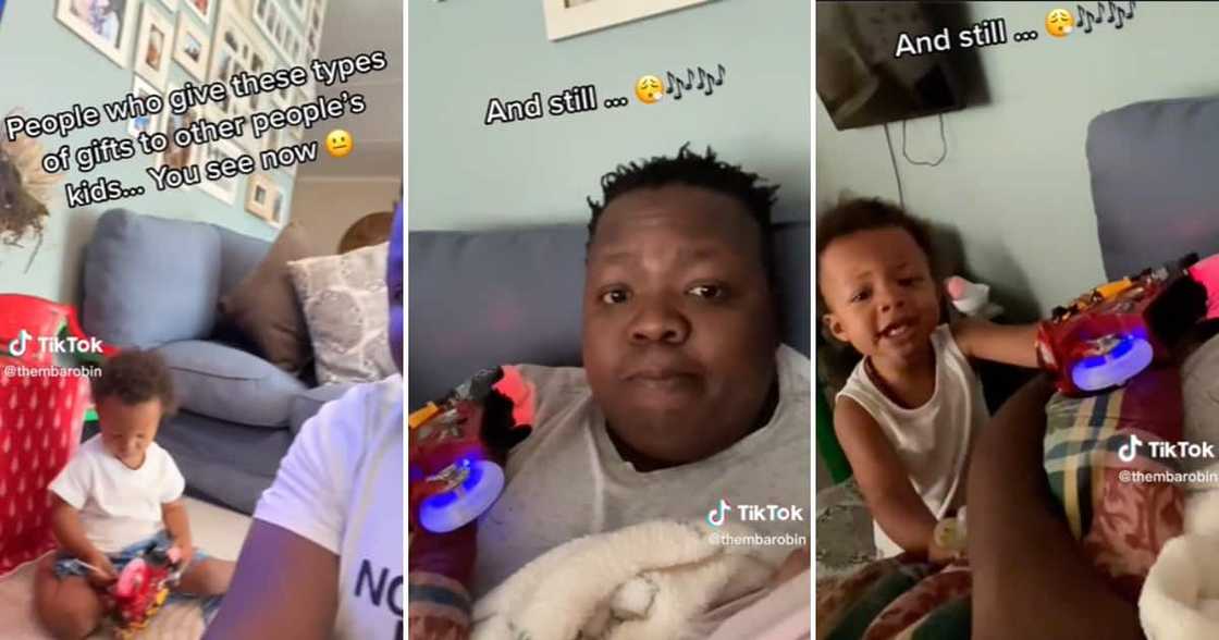 TikTok user @thembarobin with his son and the annoying toy TikTok user @thembarobin with his son and the annoying toy