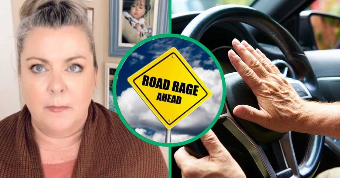 Collage image of Sharon Van Wyk, a road rage sign and a man hitting a car horn Collage image of Sharon Van Wyk, a road rage sign and a man hitting a car horn
