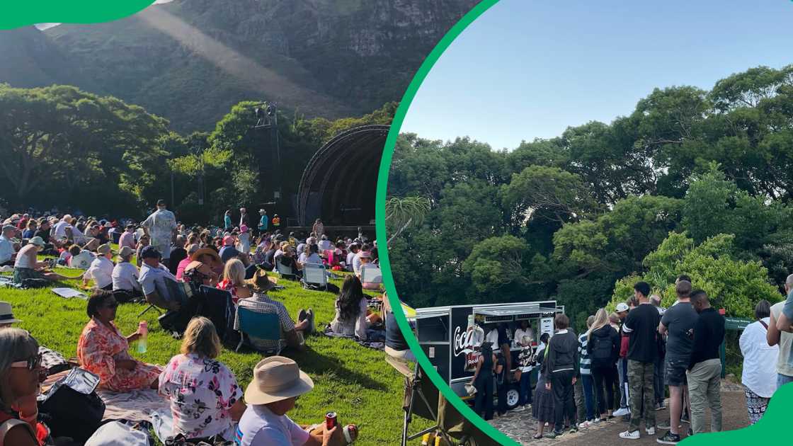People queuing to enter the Kirstenbosch Botanical Garden, and people enjoying a concert