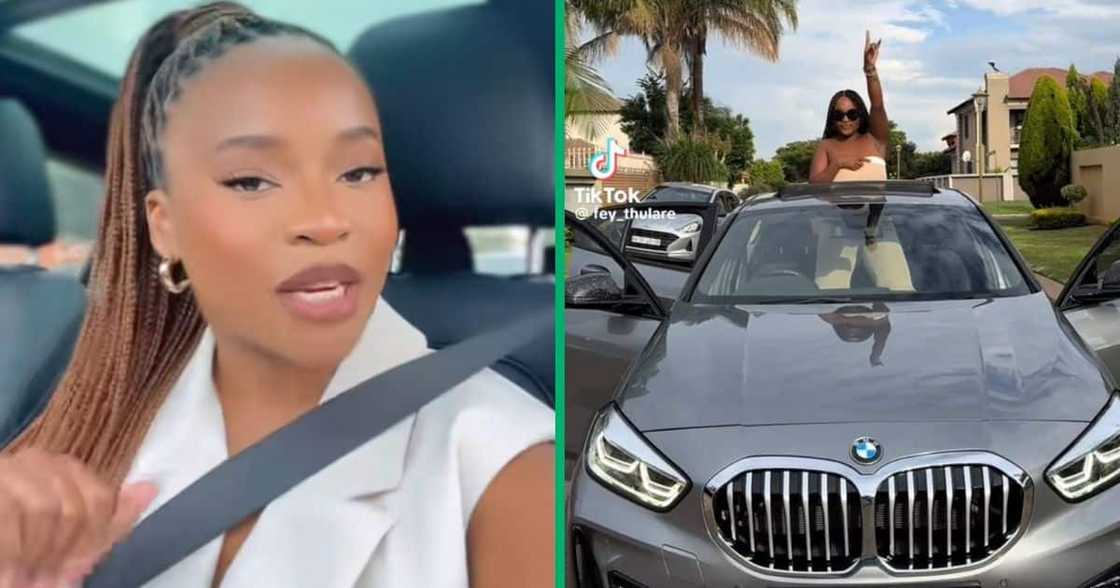 A young woman bought a grey BMW A young woman bought a grey BMW