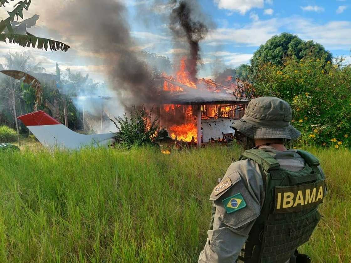 A handout picture released by the Brazilian Institute of Environment and Renewable Natural Resources shows an agent watching as an aircraft belonging to illegal miners burns during operations against deforestation in the Yanomami Indigenous territory A handout picture released by the Brazilian Institute of Environment and Renewable Natural Resources shows an agent watching as an aircraft belonging to illegal miners burns during operations against deforestation in the Yanomami Indigenous territory