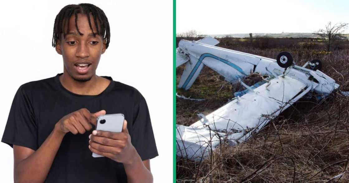 Photos of a stunned man and an aircraft collission