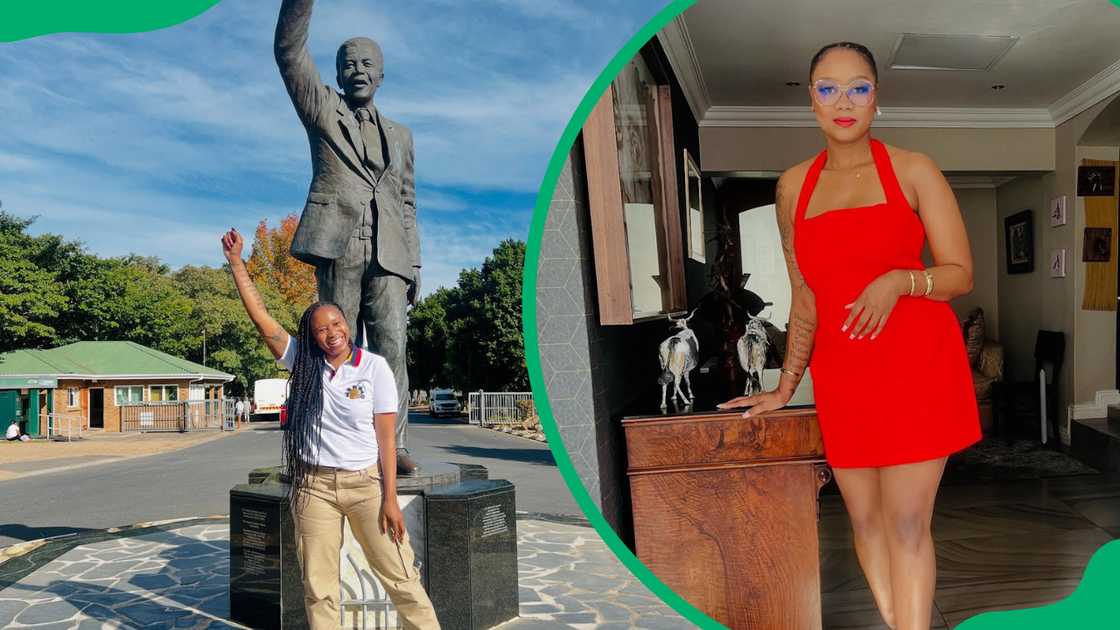 Jackie Phamotse stands in front of the Nelson Mandela statute, and she poses in a short red dress