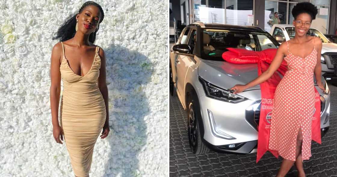 One lady is excited about her new car and engagement One lady is excited about her new car and engagement