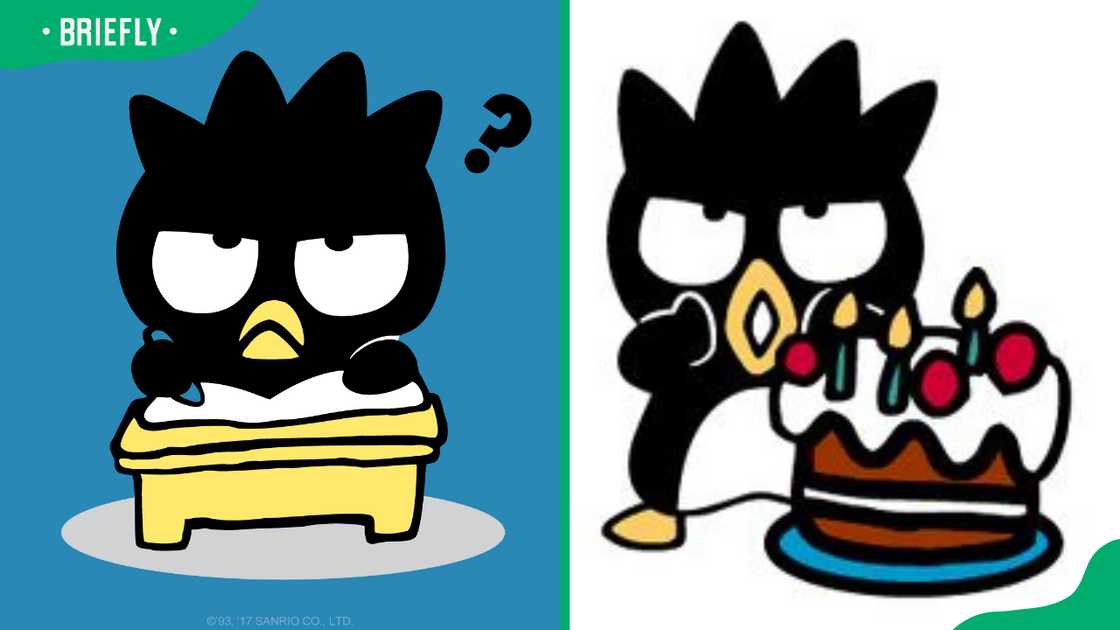Badtz-Maru sitting at a yellow desk (L). The character standing next to a birthday cake (R) Badtz-Maru sitting at a yellow desk (L). The character standing next to a birthday cake (R)