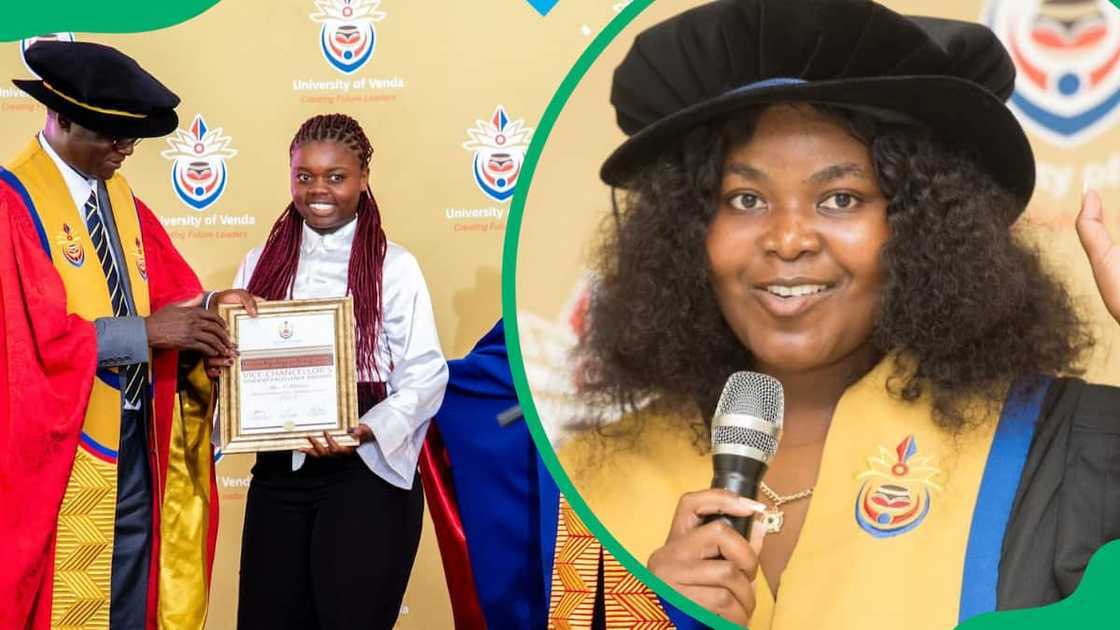 UNIVEN staff in academic dressed handing over certicates, and a staff member giving a speech UNIVEN staff in academic dressed handing over certicates, and a staff member giving a speech