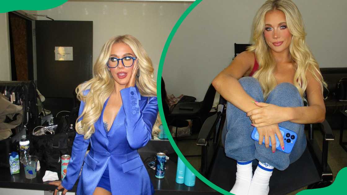 Megan Moroney posing in a bright blue skirt suit and in loungewear at home