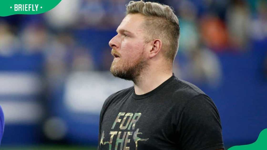 Pat McAfee during Dwight Freeney's induction to the Indianapolis Colts Ring of Honor at Lucas Oil Stadium in 2019 Pat McAfee during Dwight Freeney's induction to the Indianapolis Colts Ring of Honor at Lucas Oil Stadium in 2019