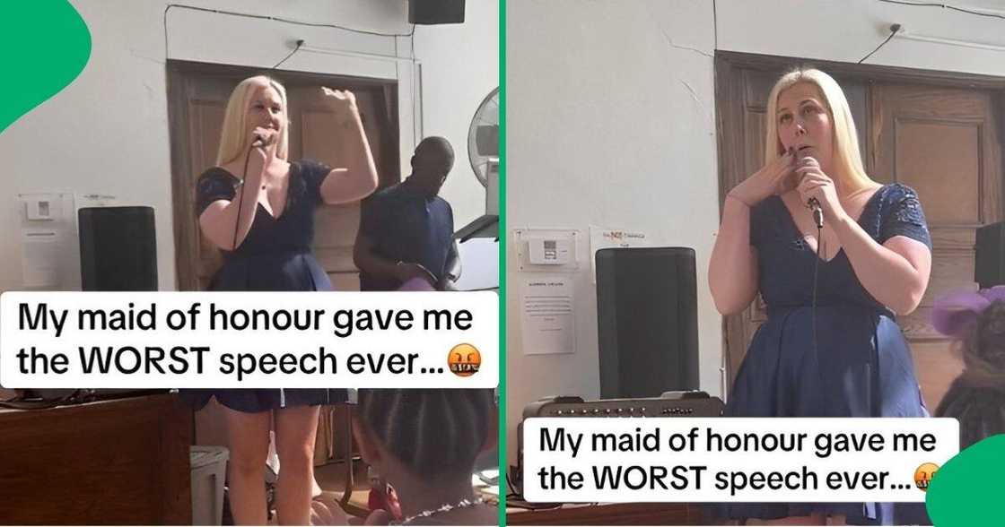 A maid of honour gave a cringe speech at a wedding reception. A maid of honour gave a cringe speech at a wedding reception.