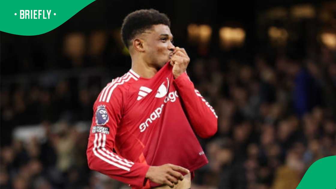 Amad Diallo celebrates after scoring during the UEFA Europa League 24/25 League Phase MD4 match between Manchester United and PAOK FC at Old Trafford on November 7, 2024