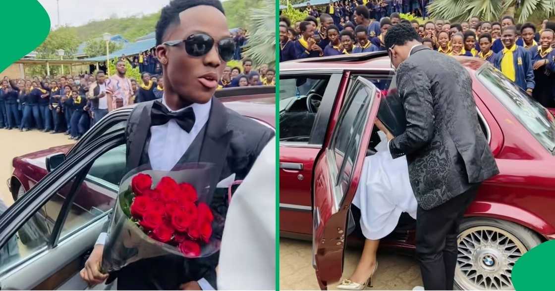 Matric learner presenting his matric dance partner with roses