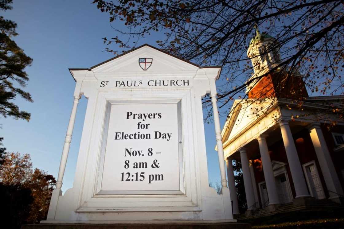 A sign displays "Prayers for Election Day" at St. Paul’s Church in Charlottesville, Virginia, on November 7, 2022 on the eve of the US midterm elections