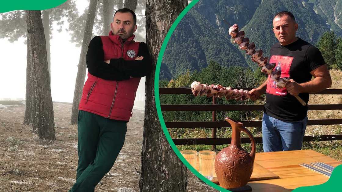 Georgy Kavkaz standing in the woods, holding chunks of meat for grilling Georgy Kavkaz standing in the woods, holding chunks of meat for grilling