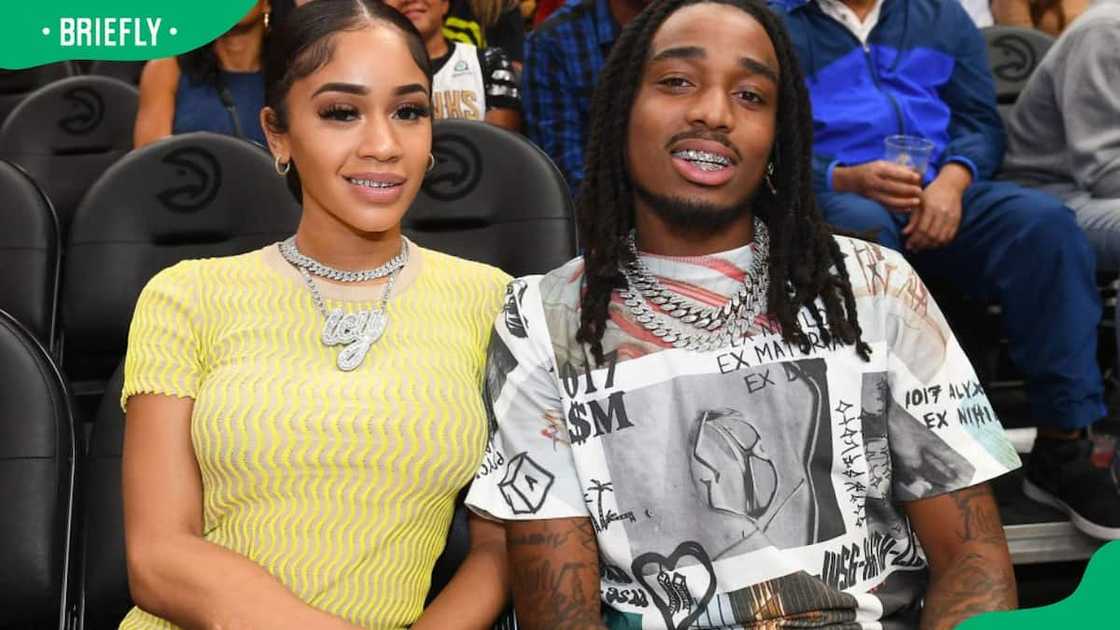 Saweetie and Quavo attending the Atlanta Hawks vs New Orleans Pelicans preseason opener game in 2019 Saweetie and Quavo attending the Atlanta Hawks vs New Orleans Pelicans preseason opener game in 2019