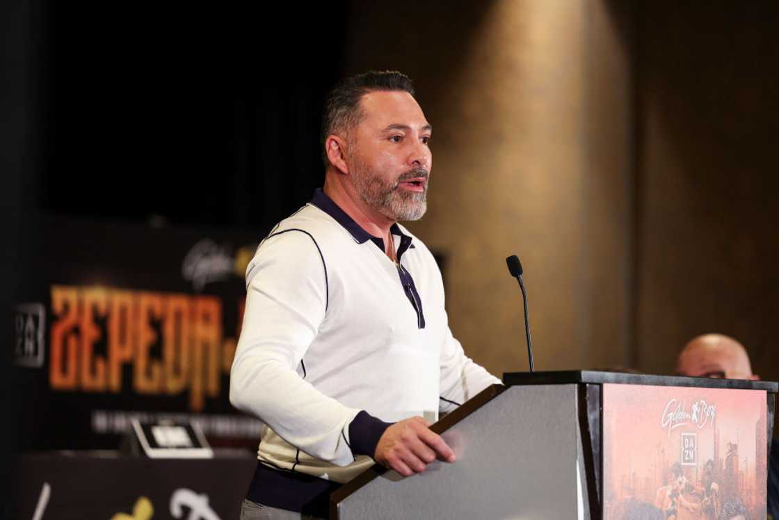 Oscar De La Hoya on stage during a press conference Oscar De La Hoya on stage during a press conference