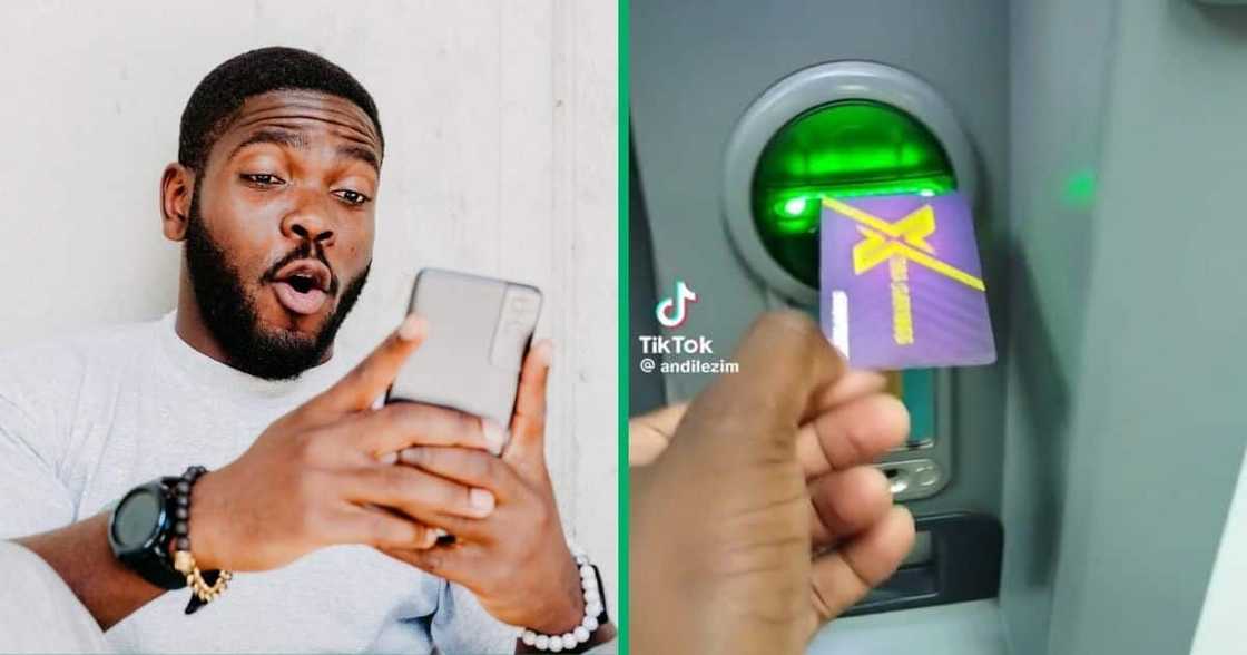 Stock image of stunned man and a Mzansi attempting to get cash from an ATM Stock image of stunned man and a Mzansi attempting to get cash from an ATM
