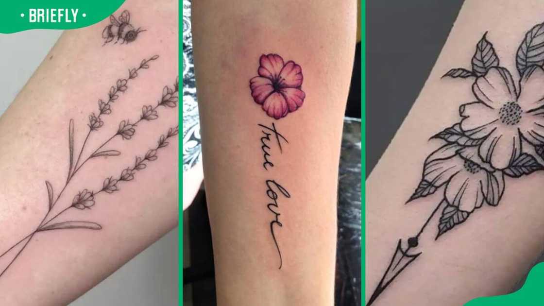 Bee & lavender (L), forget me not (C), and floral arrow tattoos (R) Bee & lavender (L), forget me not (C), and floral arrow tattoos (R)
