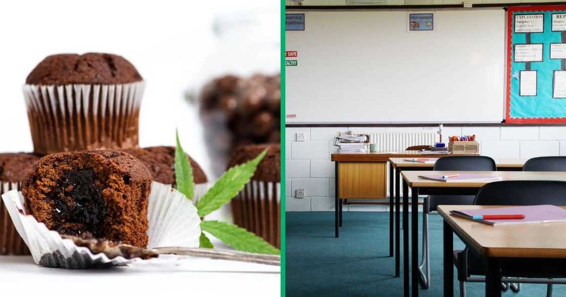 Collage image of space muffins and an empty classroom Collage image of space muffins and an empty classroom