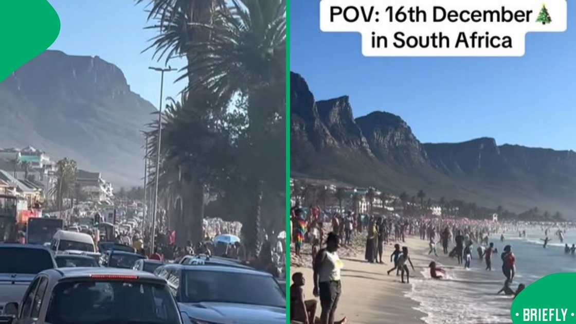 The image on the right showed the large crowd swimming in the beach