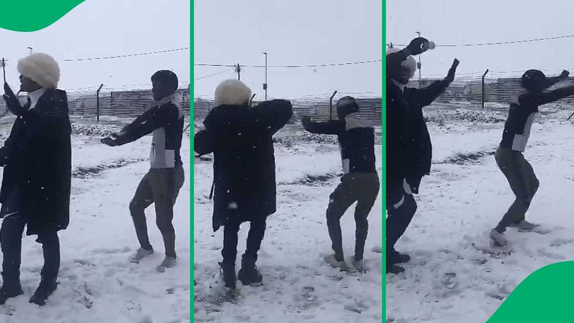 A TikTok video shows two people doing the Zulu dance in the snow.