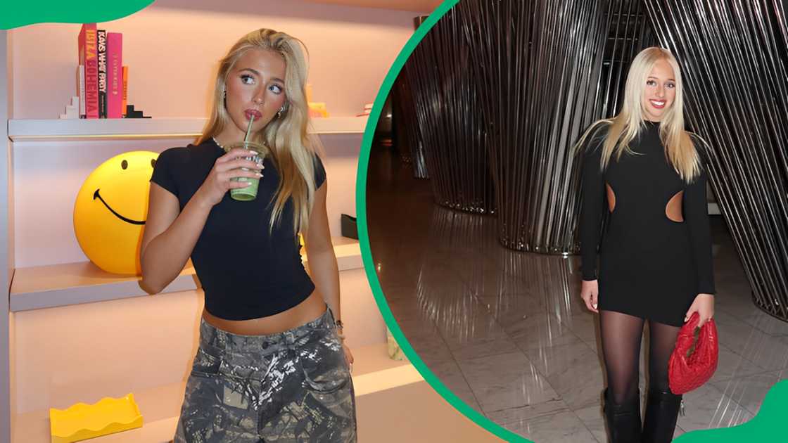 Ami Charlize posing while sipping a drink with a straw (L). Ami Charlize wearing a black dress (R). Ami Charlize posing while sipping a drink with a straw (L). Ami Charlize wearing a black dress (R).