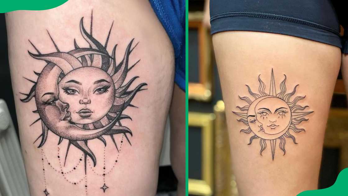 Sun and moon thigh tattoos.