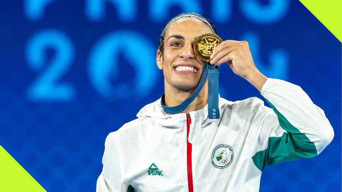 Imane Khelif shows off her Paris 2024 Olympics gold medal. Imane Khelif shows off her Paris 2024 Olympics gold medal.