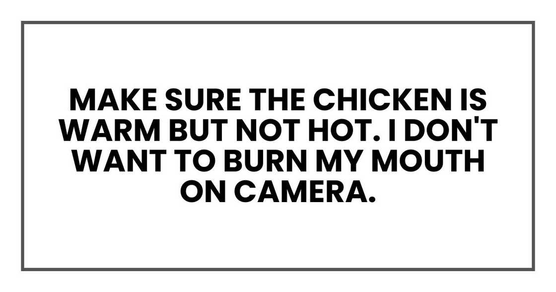 make sure the chicken is warm but not hot. I don't want to burn my mouth on camera. make sure the chicken is warm but not hot. I don't want to burn my mouth on camera.
