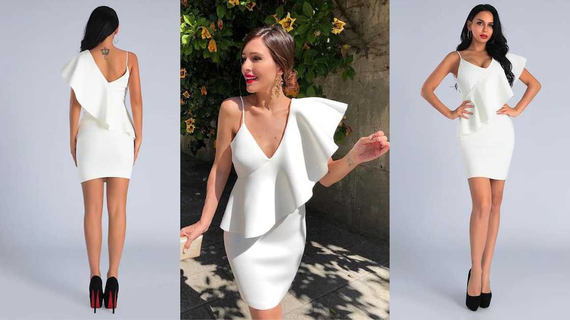 One-shoulder asymmetrical party dress with ruffle detail One-shoulder asymmetrical party dress with ruffle detail