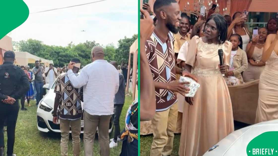 The picture on the right captured a man's reaction to seeing his car