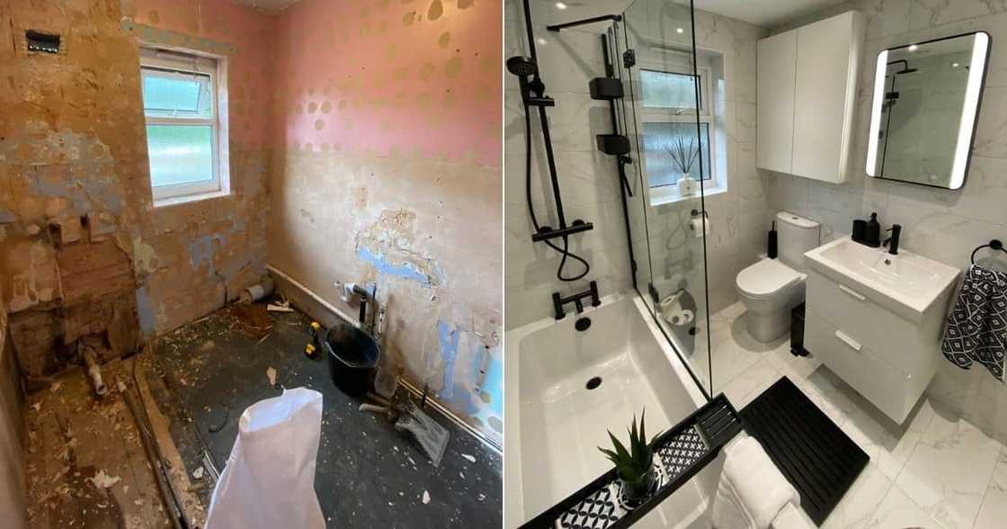 old bathroom, new bathroom, before-and-after, mum, son old bathroom, new bathroom, before-and-after, mum, son