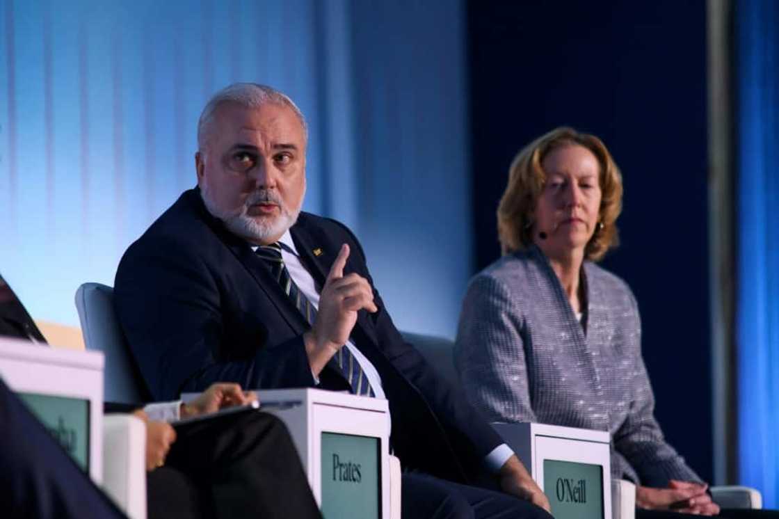 Petrobas CEO Jean Paul Prates (L) speaks during the CERAWeek oil summit in Houston, Texas in March 2024