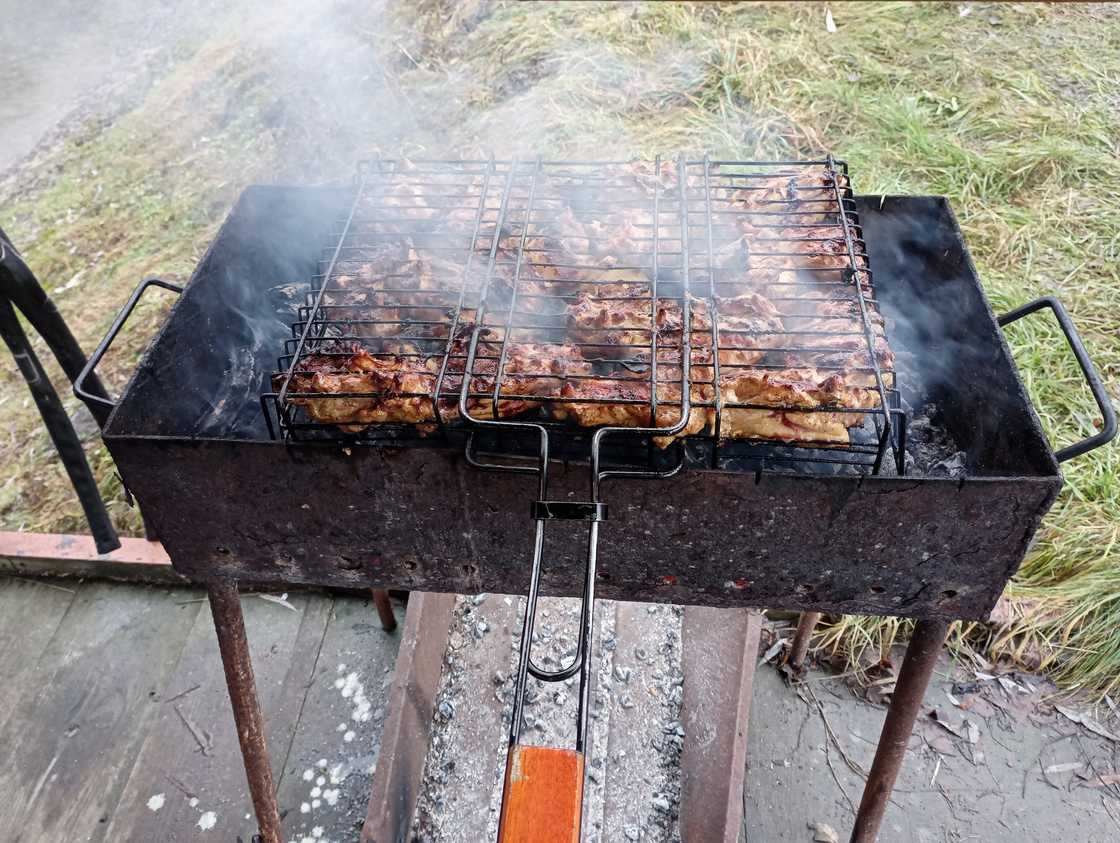 Cooking meat in grill on a fire outside.