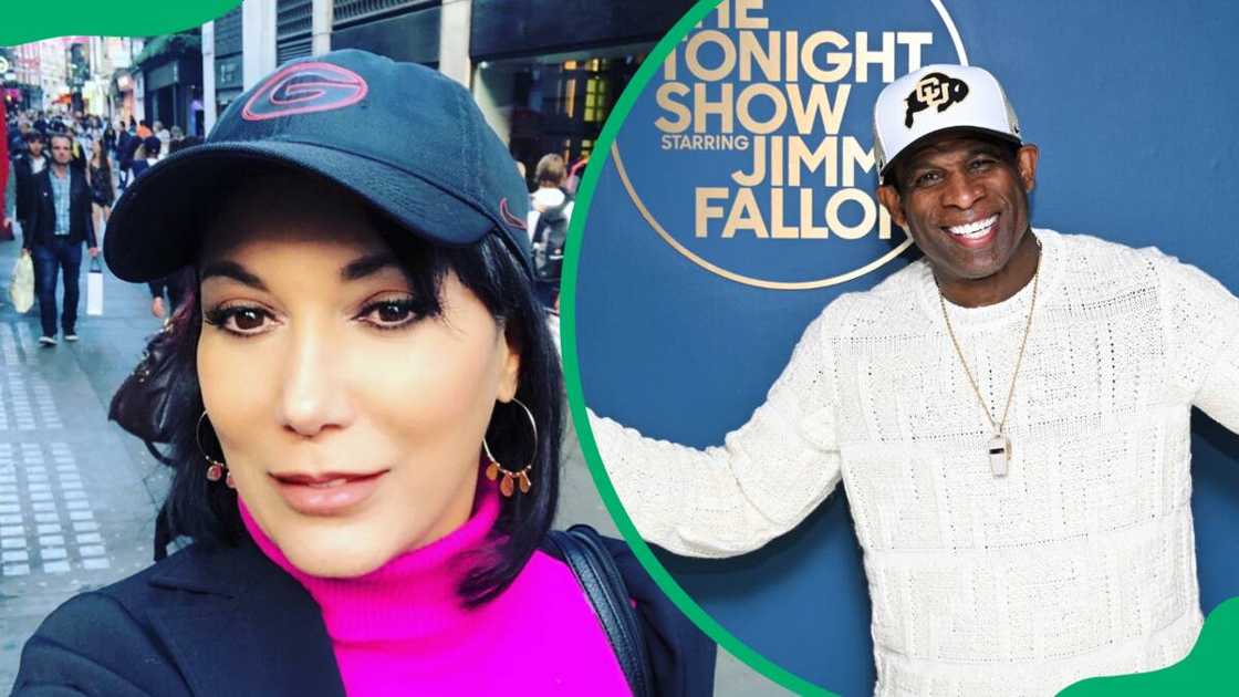 Carolyn Chambers posing for a selfie in a pink and black outfit and Deion Sanders poses backstage on the Jimmy Fallon Show Carolyn Chambers posing for a selfie in a pink and black outfit and Deion Sanders poses backstage on the Jimmy Fallon Show