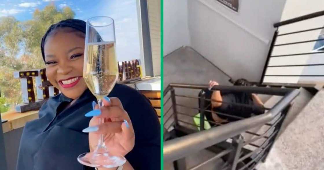 A woman had a few champagne drinks and fell down the stairs A woman had a few champagne drinks and fell down the stairs