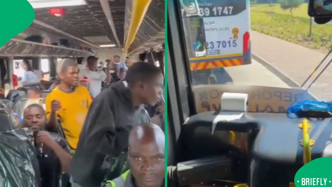 A split-screen graphic captured a group of passengers standing and moving in the aisle of a crowded bus as they sang together during their journey A split-screen graphic captured a group of passengers standing and moving in the aisle of a crowded bus as they sang together during their journey