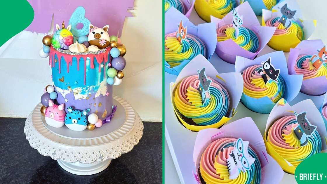 A cake and cupcakes from Leona's Cakery.