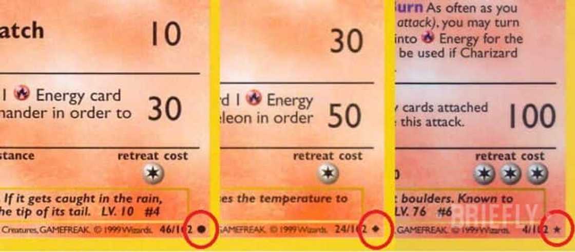 The different symbols of rarity seen on Pokemon cards. The different symbols of rarity seen on Pokemon cards.