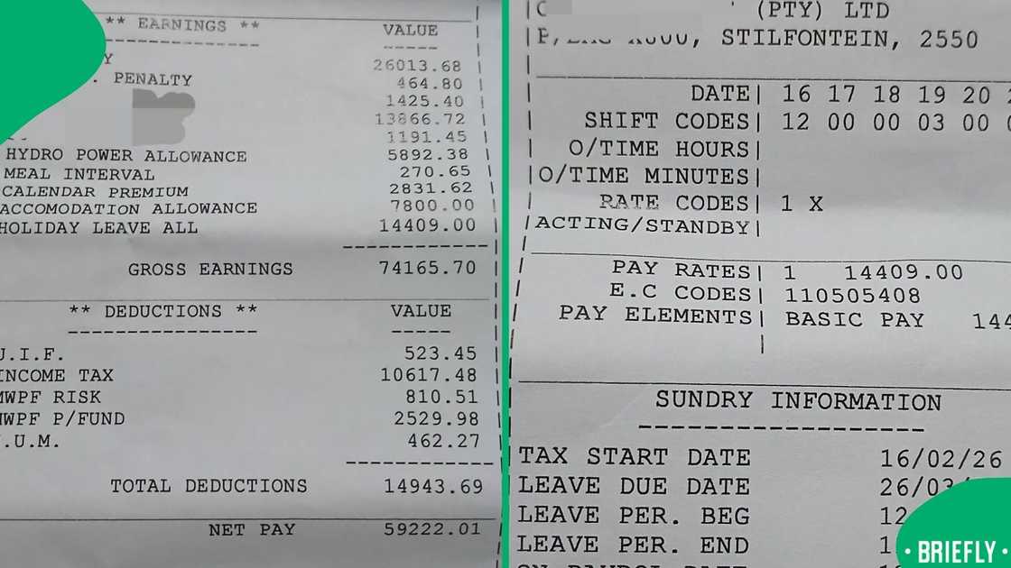 The document listed various earnings, tax deductions, and a final net pay value of R59,222.01 for the specified pay period The document listed various earnings, tax deductions, and a final net pay value of R59,222.01 for the specified pay period