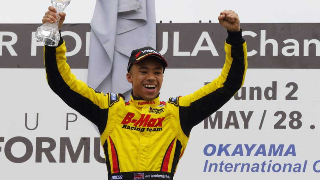 Jann Mardenborough celebrating finishing second at the 2016 Formula 3 Championship in Okayama, Japan. Jann Mardenborough celebrating finishing second at the 2016 Formula 3 Championship in Okayama, Japan.