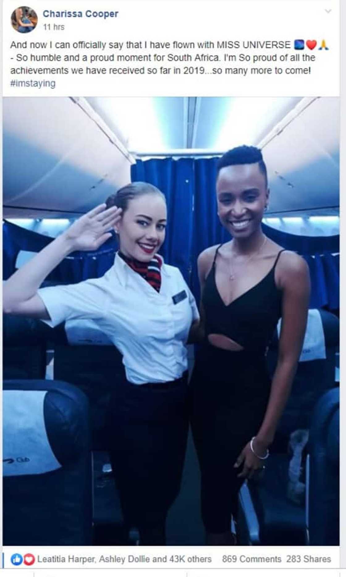 Flight attendant gushes after meeting new Miss Universe Zozibini Tunzi Flight attendant gushes after meeting new Miss Universe Zozibini Tunzi
