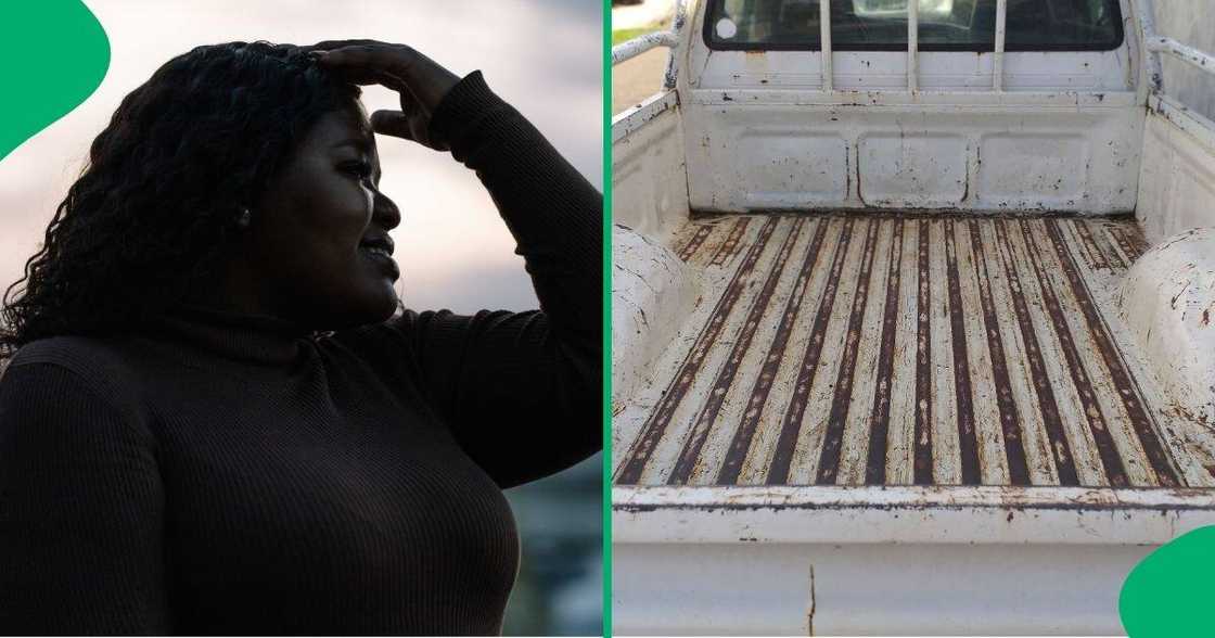 Plump woman tries to climb into back of truck