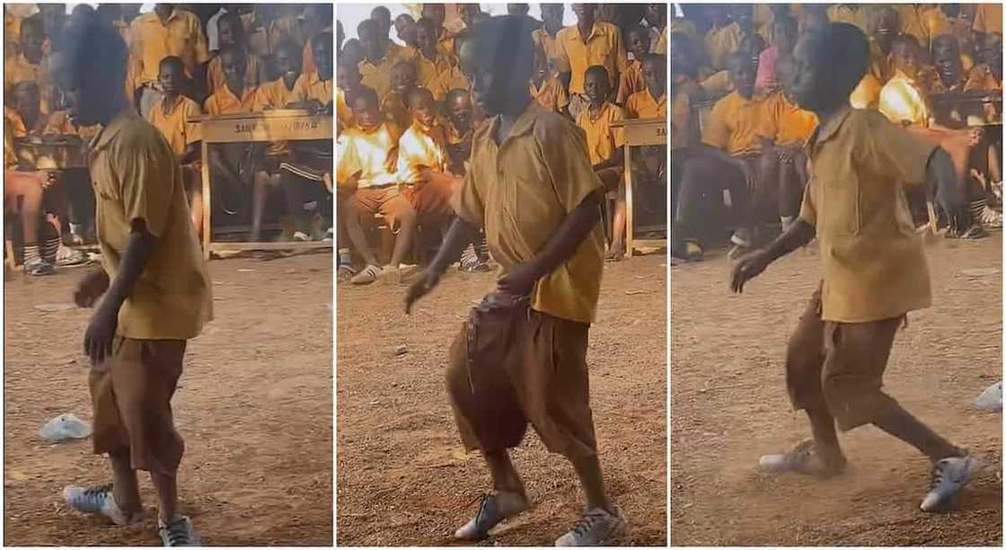 Photos of a boy posing for a dance in his school.