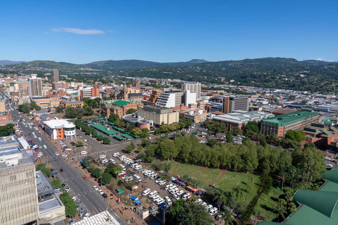 A wide view of the buildings, and busy streets in downtown Pietermaritzburg A wide view of the buildings, and busy streets in downtown Pietermaritzburg