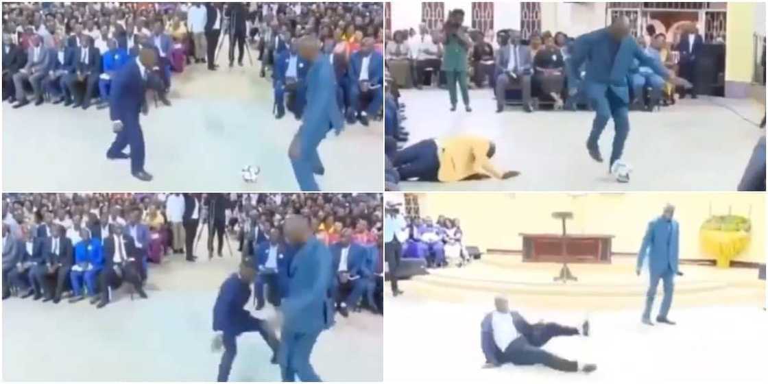 Nigerians react to video of pastor playing football inside church during service, members crashed to the floor Nigerians react to video of pastor playing football inside church during service, members crashed to the floor