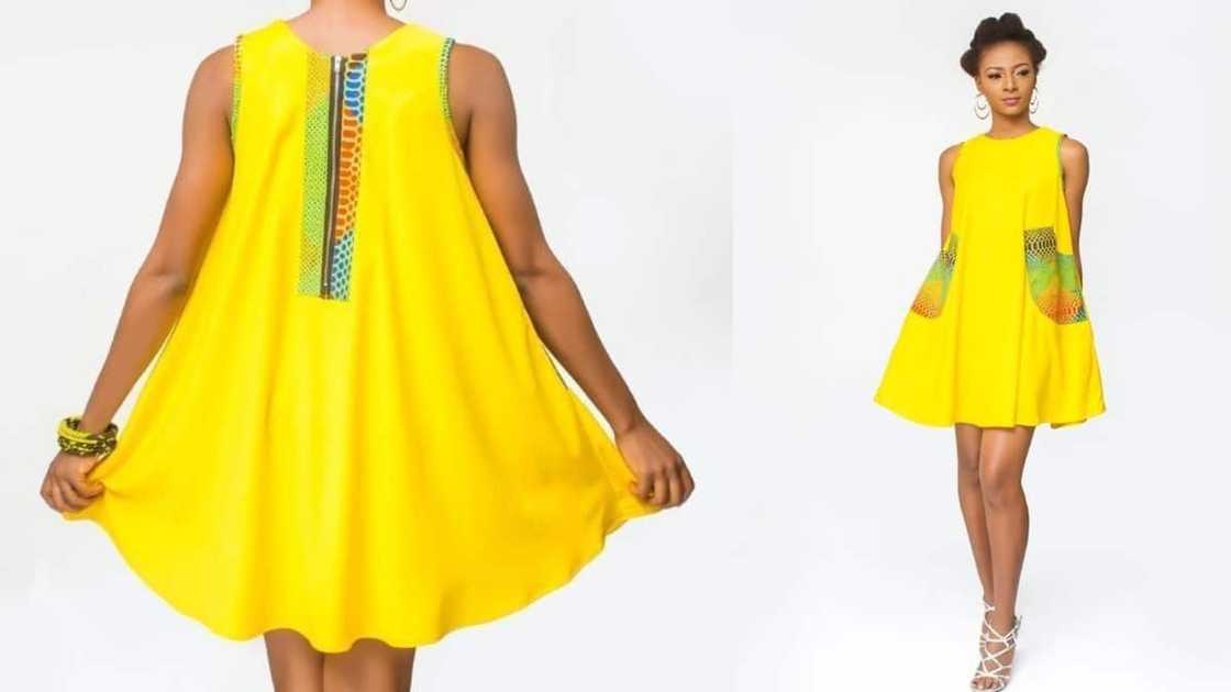Yellow shift dress with African print details Yellow shift dress with African print details