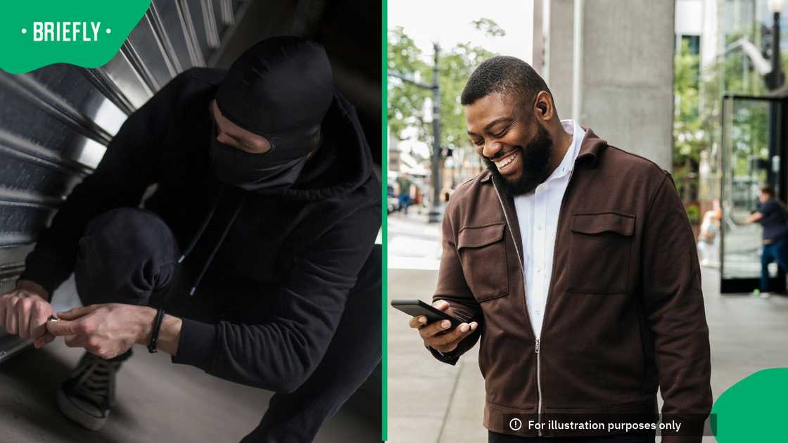A picture of a man breaking into a shop and a picture of a man holding his phone and laughing