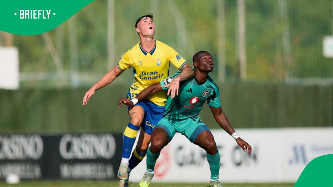 Tshegofatso Mabasa competes for the ball with Sergio Barcia during the Pre-Season friendly match between Orlando Pirates and UD Las Palmas at Marbella Football Center on July 17, 2025 in Marbella, Spain. Tshegofatso Mabasa competes for the ball with Sergio Barcia during the Pre-Season friendly match between Orlando Pirates and UD Las Palmas at Marbella Football Center on July 17, 2025 in Marbella, Spain.
