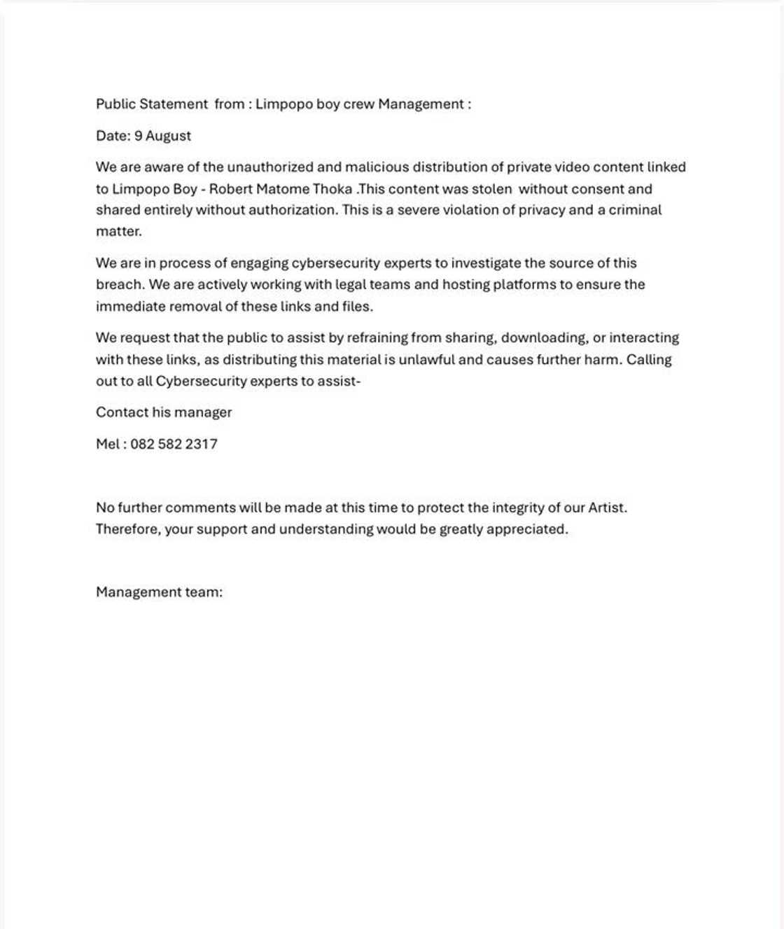 Limpopo Boy's team released a statement. Limpopo Boy's team released a statement.